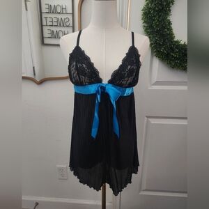 Victoria's Secret Black Lace Chemise with Blue Satin Bow